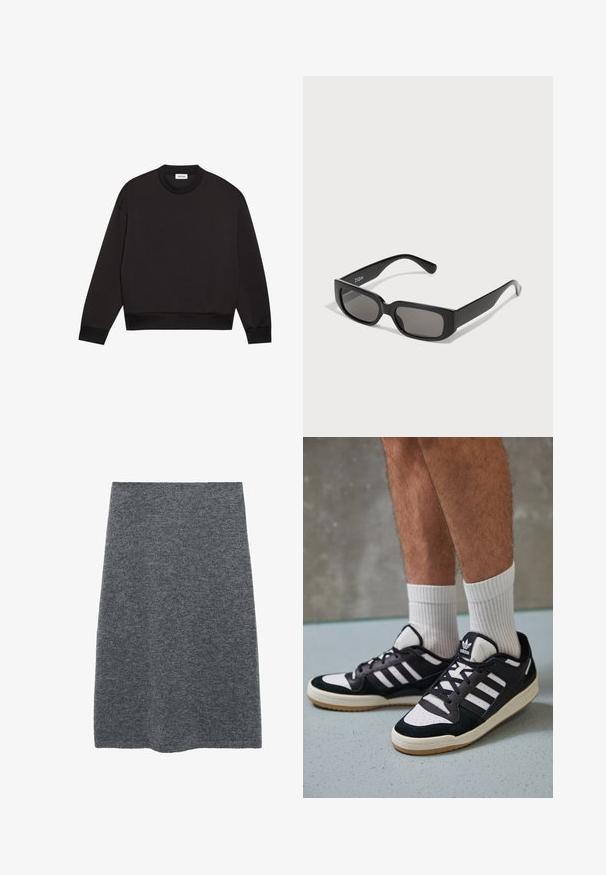 Hanorac negru dintr-un material texturat, cu decolteu rotund, mâneci lungi și manșete și tiv cu bordură. Design minimalist fără modele.; Fustă tricotată gri, cu o textură netedă, siluetă în formă de A și fără accesorii vizibile. Prezintă un design simplu, curat și o culoare uniformă.; Adidași negri și albi cu un superior din suede și piele, prevăzuți cu trei dungi albe, un vârf perforat și o talpă din cauciuc caramel.; Ochelari de soare dreptunghiulari negri cu lentile fumurii, realizați din plastic neted. Au un design minimalist cu brațe drepte și o marcaj subtil.