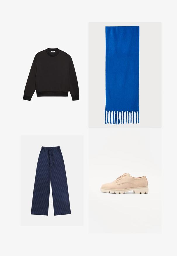 Sudadera negra hecha de un tejido texturizado, con cuello redondo, mangas largas y puños y dobladillo acanalados. Diseño minimalista sin patrones.; Pantalones de pierna ancha azul marino con cinturilla ajustable y rayas verticales blancas. Textura suave, sin bolsillos ni adornos.; Zapatos de gamuza beige con cordones, punta redondeada, parte superior texturizada y una suela de goma crema gruesa con un patrón pronunciado para mayor tracción.; Bufanda azul con flecos, hecha de un tejido suave; presenta un color sólido con una superficie texturizada y flecos cortados de manera uniforme en la parte inferior.; Bufanda azul con flecos, hecha de un tejido suave; presenta un color sólido con una superficie texturizada y flecos cortados de manera uniforme en la parte inferior.