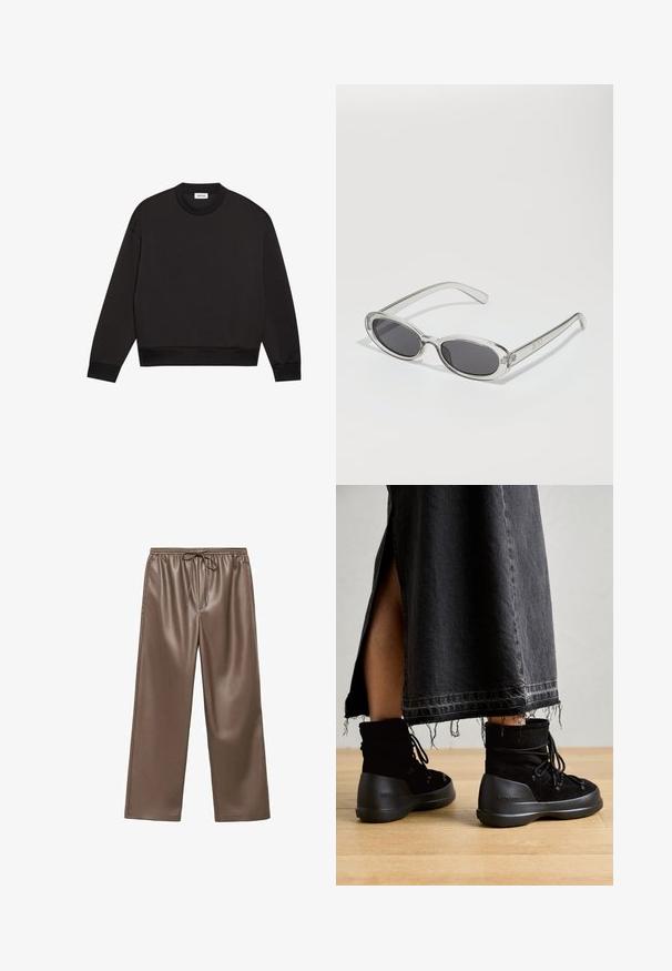 Schwarzes Sweatshirt aus strukturiertem Stoff mit Rundhalsausschnitt, langen Ärmeln und Rippbündchen an Ärmeln und Saum. Minimalistisches Design ohne Muster.; Braune Kunstleder-Weitbeinehose mit elastischem Bund, ausgestattet mit einem Kordelzug und durchgehend glatter Textur.; Schwarze Stiefeletten aus Wildleder mit abgerundeter Zehe, Schnürdesign und einer dicken, strukturierten Gummisohle. Sichtbarer Jeansrock mit rohem Saum.; Sonnenbrille mit ovaler Form, klarem Kunststoffrahmen, dunkelgrauen Gläsern und dünnen transparenten Bügeln mit Logo-Akzenten und minimalen Details.