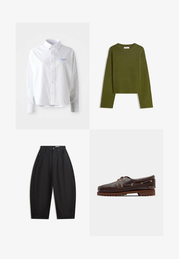 Olive green knitted sweater with a round neck, long sleeves, and ribbed hem. Features a cropped design with a soft, textured finish.; White button-up shirt with light blue vertical stripes, a pointed collar, and a small blue logo on the left chest. Cotton fabric, relaxed fit.; Black wide-leg trousers made from cotton, featuring a high waist, five pockets, and metal button closure. Smooth texture and no visible patterns.; Brown leather boat shoe with gold eyelets, round laces, and a textured brown rubber sole. Features stitched detailing and a raised logo.