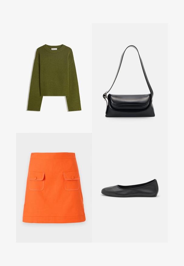 Oliwkowy dzianinowy sweter z okrągłym dekoltem, długimi rękawami i ribbowym wykończeniem. Charakteryzuje się skróconym fasonem i miękkim, teksturowanym wykończeniem.; Pomarańczowa bawełniana spódnica z dwiema przednimi kieszeniami, zapięciami na guziki i kontrastującym białym przeszyciem. Kształt w literze A z wyraźnym pasem.; Czarne skórzane baletki z zaokrąglonym noskiem, gładką fakturą, minimalnymi przeszyciami i elastycznym designem podeszwy.; Czarna skórzana torebka o zorganizowanym kształcie, gładkiej fakturze i pojedynczym pasku na ramię. Posiada subtelną, zaokrągloną klapkę.