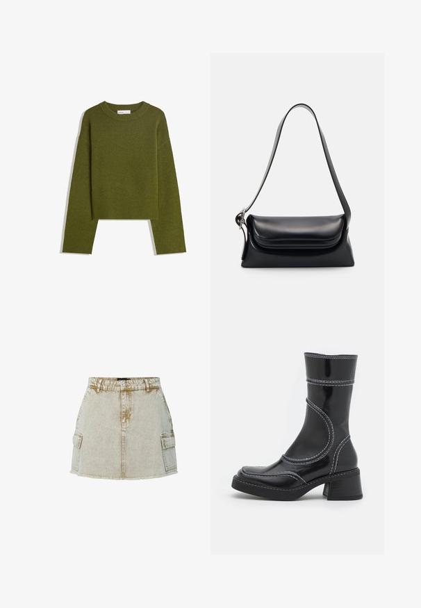 Maglione lavorato a maglia verde oliva con collo rotondo, maniche lunghe e orlo a coste. Presenta un design cropped con una finitura morbida e testurizzata.; Gonna di jeans beige con orlo sfilacciato, due tasche laterali e chiusura a bottoni classica. Il tessuto ha una finitura leggermente strutturata.; Stivale alla caviglia in pelle verniciata nera con cuciture bianche, punta arrotondata e tacco a blocco. Presenta linee di design curve e una texture liscia.; Borsa a tracolla nera in pelle con una forma strutturata, una texture liscia e una singola tracolla. Presenta un design a patta arrotondata e discreta.