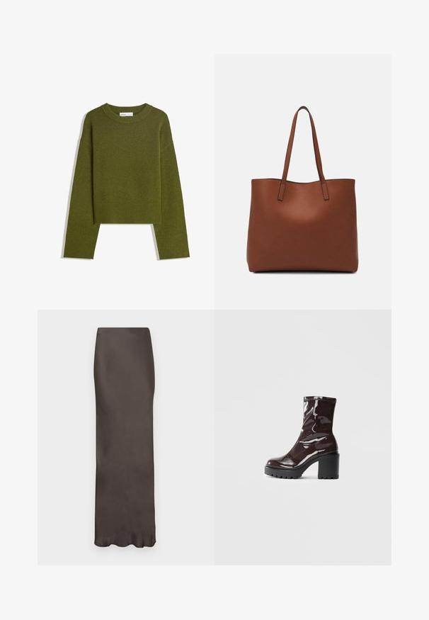 Pulover tricotat de culoare verde măsliniu, cu guler rotund, mâneci lungi și tiv ribotat. Dispune de un croi scurt și are un finisaj moale, texturat.; Fustă lungă din satin de culoare maro, cu o siluetă ajustată și o textură netedă. Prezintă un luciu subtil și nu are modele sau embellismente vizibile.; Botine lucioase burgundy, cu toc gros negru, având o textură netedă și un design simplu. Fără închideri sau modele vizibile.; Geantă de umăr din piele maro cu o textură netedă, design cu vârf deschis și două curele pentru umăr. Prezintă cusături minime și fără componente metalice vizibile.