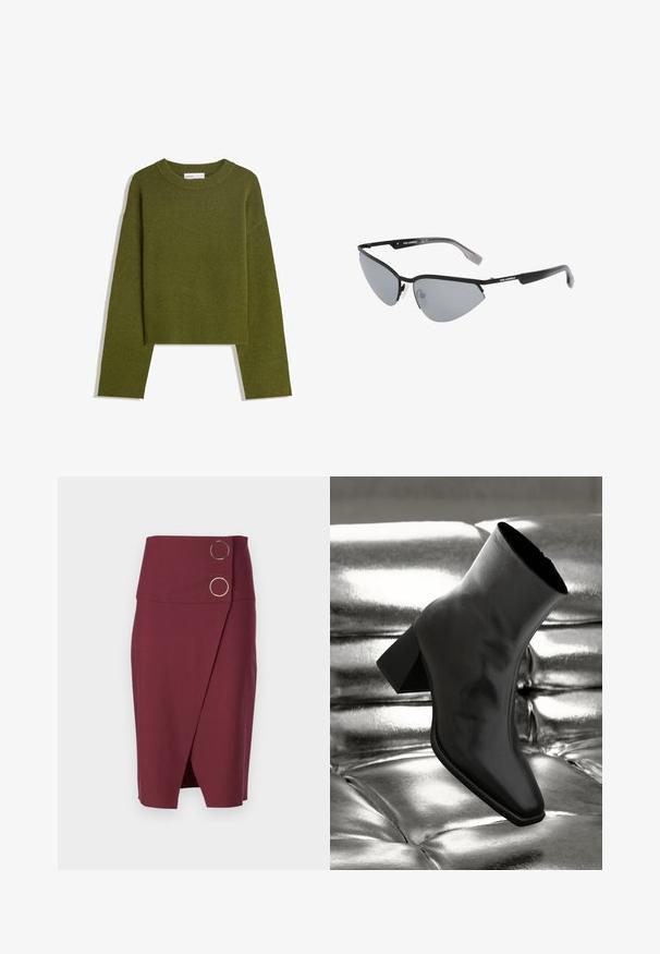 Olivově zelený pletený svetr s kulatým výstřihem, dlouhými rukávy a žebrovaným lemem. Má zkrácený střih a měkký, texturovaný povrch.; Bordó tužková sukně s vysokým pasem, která má zahnutý design a dvě kulaté kovové knoflíky vpředu. Hladká textura.; Černá kotníková bota vyrobená z lesklého materiálu se čtveratou špičkou a zúženým podpatkem, umístěná na lesklém stříbrném prošívaném pozadí.; Černé sluneční brýle s ostrým designem ve stylu kočičích očí. Stříbrné zrcadlové čočky. Štíhlé, lehké plastové rámy s jemným brandingem na spáncích.; Stříbrné kovové náušnice s hladkým tvarem slzy a lesklým povrchem. Jemné rytiny přidávají detail. Minimalistický design.