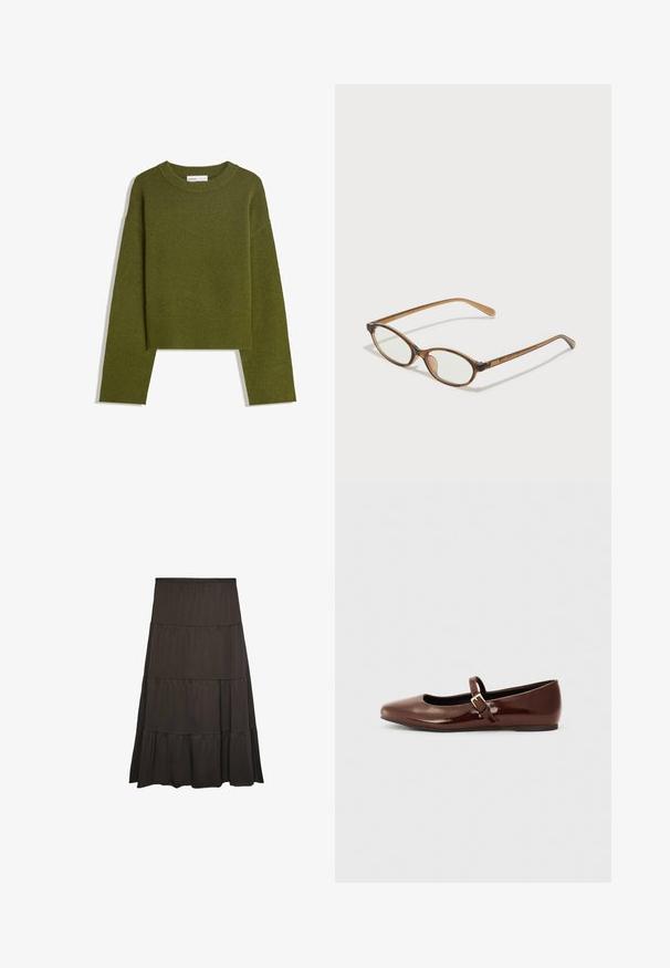 Olivgrüner Strickpullover mit Rundhalsausschnitt, langen Ärmeln und geripptem Saum. Verfügt über ein kurzes Design mit einer weichen, strukturierten Oberfläche.; Dunkelbrauer, gestufter Maxirock aus weichem Stoff mit elastischem Bund. Verfügt über drei horizontale Rüschen entlang der Länge.; Braune Lackleder-Ballerinas mit quadratischer Zehenform und Riemen mit einer kleinen goldenen Schnalle. Glatte Textur, niedriger Absatz und minimalistisches Design.; Braune Schildpatt-Brille mit ovalen Gläsern, dünnen Bügeln und transparenten Akzenten. Verfügt über ein dezentes Logo am Bügel. Elegantes, leichtes Design.; Schwarze Lederhandtasche mit geflochtenen Griffen, Reißverschlussfach und hängenden Quasten. Strukturiert Oberfläche mit Metallnieten und Hardware-Akzenten.