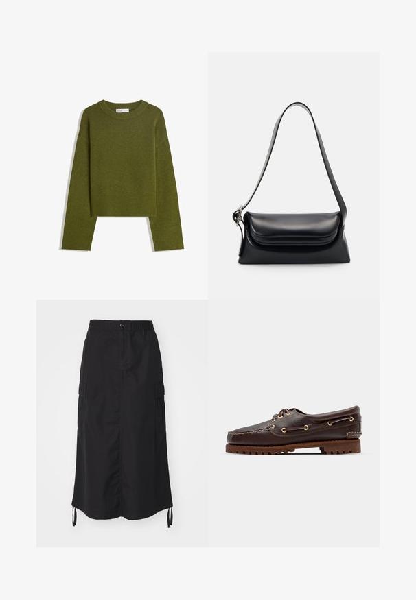 Olivenfarvet strikket sweater med rund hals, lange ærmer og ribbet kant. Har et cropped design med en blød, struktureret overflade.; Sort mid-length nederdel lavet af letvægtsstof. Har en elastisk talje, knaplukning og sidelommer med snorede detaljer.; Brune læder bådsko med gyldne øjer, runde snørebånd og en struktureret brun gummisål. Har quiltede detaljer og et forhøjet logo.; Sort læderhåndvask med en struktureret form, en glat overflade og en enkelt skulderrem. Har et subtilt, rundet klapdesign.