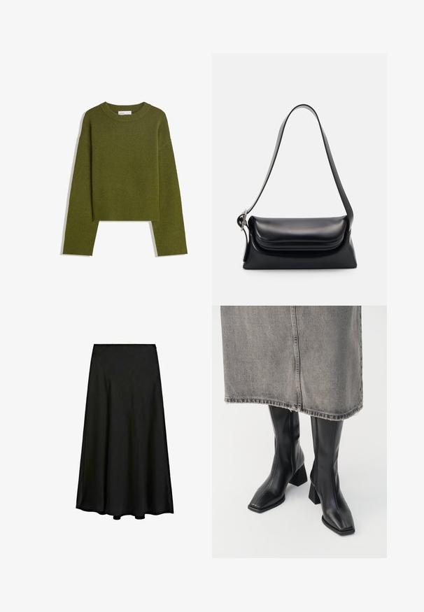 Olivově zelený pletený svetr s kulatým výstřihem, dlouhými rukávy a žebrovaným lemem. Má zkrácený střih a měkký, texturovaný povrch.; Černá maxi sukně vyrobená z hladkého materiálu, s A-liniovým střihem a volným designem, který sahá až k kotníkům, s čistým lemem.; Černé kozačky do půli stehen z hladké kůže se čtveratou špičkou a blokovým podpatkem. Nosené s šedou džínovou sukní s třepeným lemem.; Černá kožená kabelka se strukturovaným tvarem, hladkým povrchem a jedním ramenním popruhem. Obsahuje jemně zaoblený design klopy.; Stříbrné kvartzové hodinky Casio s obdélníkovým ciferníkem, analogovým a digitálním zobrazením, nerezovým páskem a voděodolnými vlastnostmi.