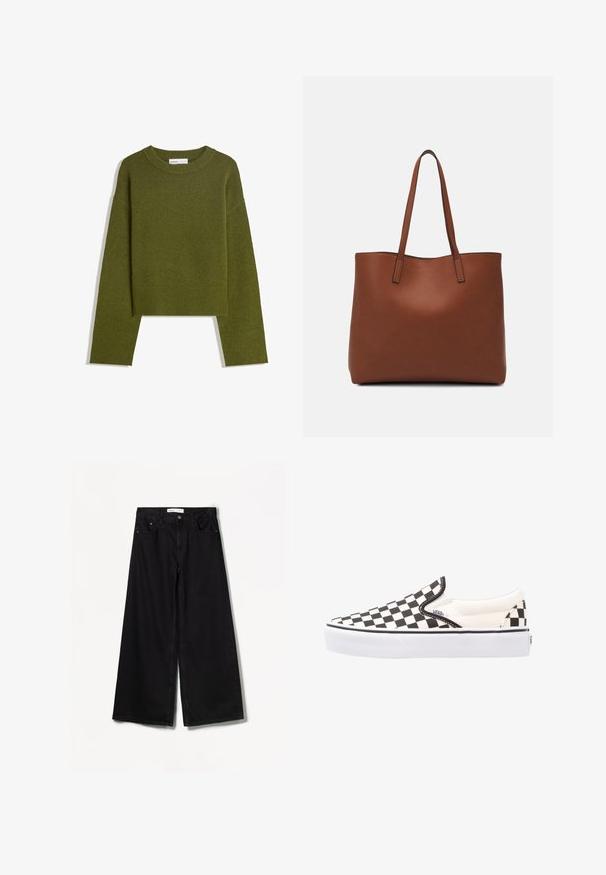 Olive green knitted sweater with a round neck, long sleeves, and ribbed hem. Features a cropped design with a soft, textured finish.; Bershka WIDE-LEG - Wide Leg - black; Black and white checkered slip-on Vans shoes with a canvas upper, rubber outsole, and padded collar. Flat, round toe with white sole accents.; Brown leather tote bag with a smooth texture, open top design, and two shoulder straps. Features minimal stitching and no visible hardware.
