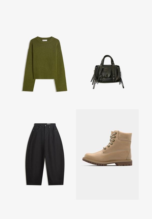 Maslinasto zeleni pleteni džemper s okruglim izrezom, dugim rukavima i rebrastim rubom. Ima skraćeni dizajn s mekanim, teksturiranim završetkom.; Crne široke hlače od pamuka, s visokim strukom, pet džepova i kopčanjem na metalnu dugmad. Glatka tekstura i bez vidljivih uzoraka.; Bež kožna gležnjača s zaobljenim vrhom, bež vezicama i čvrstim potplatom. Ima bočne šavove i okrugli logo na peti.; Crna kožna torba s pletenim ručkama, džepom na zatvarač i visećim resicama. Teksturirana površina s metalnim zakovicama i hardverskim naglascima.