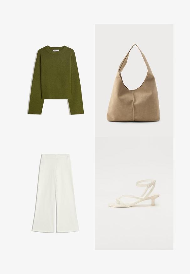 Olive green knitted sweater with a round neck, long sleeves, and ribbed hem. Features a cropped design with a soft, textured finish.; White wide-leg trousers made of smooth fabric. They feature a high waistline and no visible seams, creating a clean silhouette.; Light ivory strappy sandal with a low, block heel. Made of smooth material, featuring thin straps and a buckle closure around the ankle.; Hobo bag in soft beige suede with a slouchy shape, wide shoulder strap, and a hand-stitched seam detail along the front.