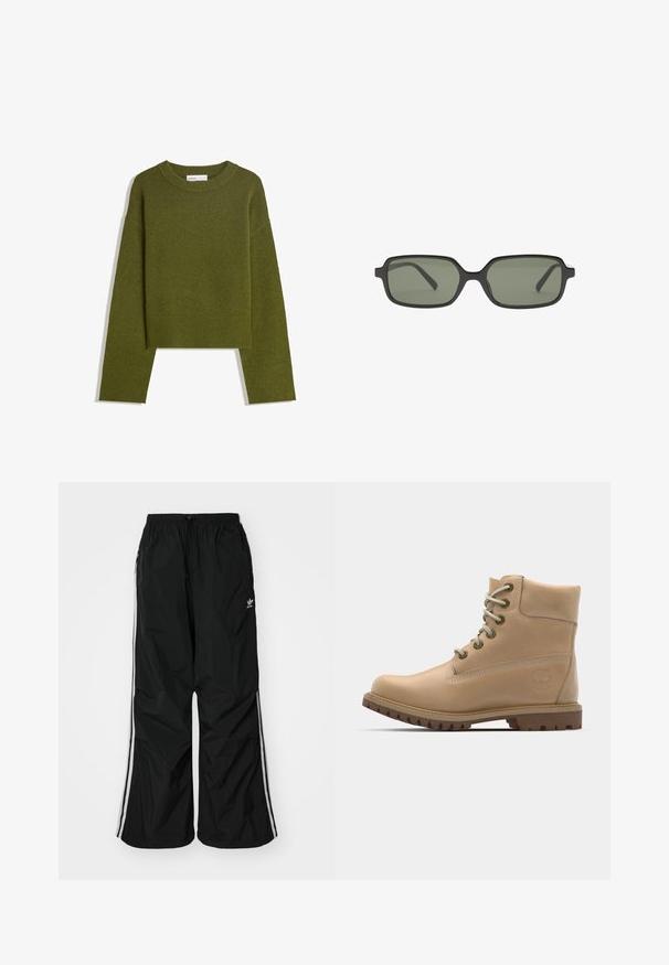 Olivově zelený pletený svetr s kulatým výstřihem, dlouhými rukávy a žebrovaným lemem. Má zkrácený střih a měkký, texturovaný povrch.; Černé větrovky kalhoty s elastickým pasem, šňůrkou, bílými bočními pruhy, volnější střih, s malým logem na levé straně.; Béžová kožená kotníková boty s kulatou špičkou, béžovými tkaničkami a robustní podrážkou. Obsahuje boční švy a kulatou značku na patě.; Černé obdélníkové sluneční brýle s tmavozelenými čočkami, které mají plochý design, minimalistické strany a lehký rám pro pohodlí.; Černá kožená kabelka s pletenými rukojetmi, kapsou na zip a visícími třásněmi. Texturovaný povrch s kovovými hroty a kovovými akcenty.