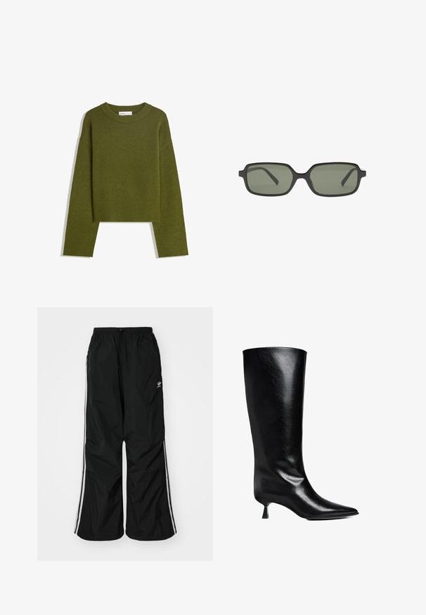 Olivovo zelený pletený sveter s okrúhlym výstrihom, dlhými rukávmi a rebrovaným lemom. Vyznačuje sa skráteným strihom s jemným, textúrovaným povrchom.; Čierne vetrovky nohavice s elastickým pásom, šnúrkou na stiahnutie, bielymi bočnými pruhmi, voľným strihom, s malým logom na ľavej strane.; Čierne kožené vysoké čižmy po kolená s špicatou špičkou, štíhlym siluetou a nízkym blokovým podpätkom s lesklým povrchom.; Čierne obdĺžnikové slnečné okuliare s tmavozelenými šošovkami, ktoré majú plochý dizajn, minimalistické bočné strany a ľahký rám pre pohodlie.; Čierna kožená kabelka s vrkočovými uchami, zipsovou kapsou a zavesenými strapcami. Textúrovaný povrch s kovovými cvokmi a akcentmi z kovu.