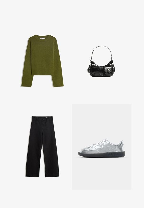 Olive green knitted sweater with a round neck, long sleeves, and ribbed hem. Features a cropped design with a soft, textured finish.; Black wide-leg denim pants with a high waist, featuring front and back pockets, stitched seams, and a button closure. Smooth texture.; Silver sneakers with a smooth, reflective upper, featuring black rubber soles and classic lace-up design. Puma logo on the side.; Black patent leather handbag with a curved shape, one shoulder strap, front pockets, and silver-tone hardware accents.