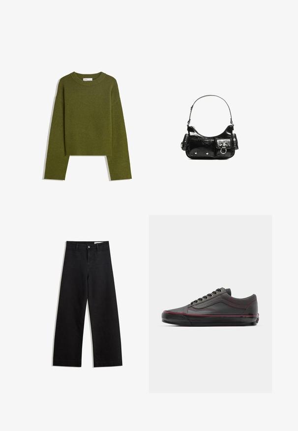 Olijfgroene gebreide trui met een ronde hals, lange mouwen en een geribde zoom. Beschikt over een cropped ontwerp met een zachte, gestructureerde afwerking.; Zwarte denim broek met wijde pijpen en een hoge taille, voorzien van voor- en achterzakken, gestikte naden en een knoopsluiting. Gladde textuur.; Zwarte leren sneakers met bordeauxrode accenten, ronde neus, vetersluiting, zichtbare stiksels en een gestructureerde rubberen zool.; Zwarte laarzen in lakleer met een gebogen vorm, één schouderband, voorvakken en accenten in zilverkleurig metaal.