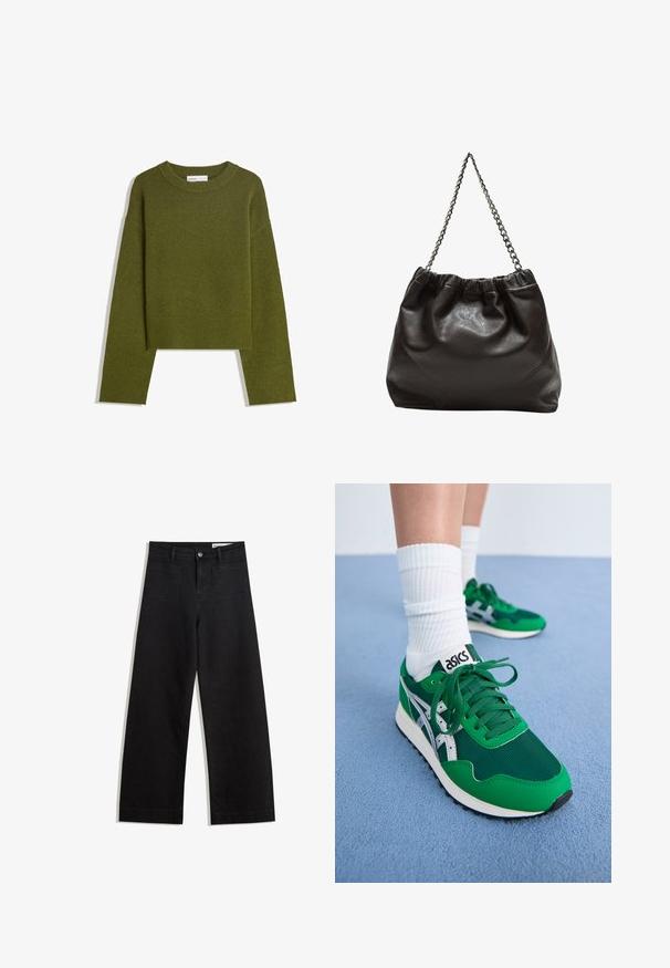 Oliwkowy dzianinowy sweter z okrągłym dekoltem, długimi rękawami i ribbowym wykończeniem. Charakteryzuje się skróconym fasonem i miękkim, teksturowanym wykończeniem.; Czarne dżinsowe spodnie o szerokich nogawkach i wysokim stanie, z przednimi i tylnymi kieszeniami, przeszyciami oraz zapięciem na guziki. Gładka struktura.; Zielone siateczkowe i syntetyczne sneakersy z białymi akcentami i czarną gumową podeszwą. Posiadają sznurówki, wyściełany kołnierz oraz logo ASICS na języku.; Brązowa skórzana torba z marszczonym szczytem i łańcuszkowym paskiem. Gładka tekstura z błyszczącym wykończeniem i subtelnymi detalami szwów po bokach.