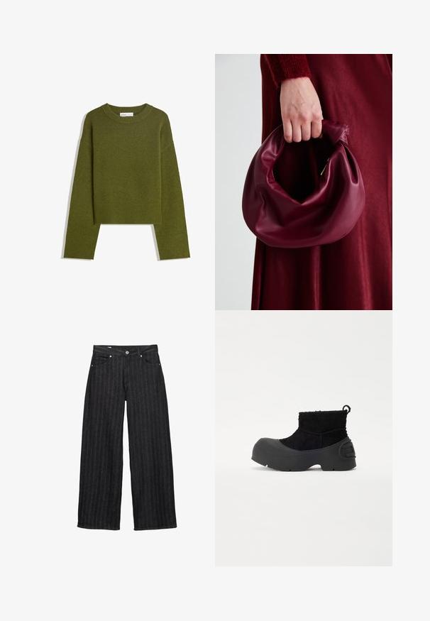Olívazöld kötött pulóver kerek nyakkal, hosszú ujjakkal és bordázott aljjal. Rövidített fazonú, lágy, texturált felülettel rendelkezik.; Sötét szürke farmeranyagból készült, széles lábszárú farmer, függőleges csíkokkal, gombos záródással, két elülső zsebbel és egyenes szegéllyel.; Fekete bokacsizmák textúrázott felsőrésszel és gumis elülső résszel. Tömeges talppal és egy hurkokkal a könnyű felhúzás érdekében. Egyszerű dizájn, matt felülettel.; Burgundi bőrtáska puhán ráncolt dizájnnal és kerek alakban. A fogantyú rögzítve van, sima textúrával rendelkezik.