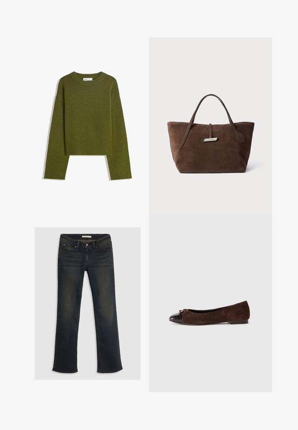 Olívazöld kötött pulóver kerek nyakkal, hosszú ujjakkal és bordázott aljjal. Rövidített fazonú, lágy, texturált felülettel rendelkezik.; Sötétkék farmernadrág egyenes szárú fazonnal, öt zsebbel és enyhe kopás részletekkel. Felső gombos záródás övhurkokkal.; Barna velúr balettcipők fényes sötétbarna lakkbőr orral és egy kis masni díszítéssel az elején. Lapos sarkúak.; Barna nubuk bőr bevásárlótáska két puha fogantyúval, egy ezüst díszítéssel ellátott függőleges pánttal és széles, nyitott tetejével. Simább textúra, minimalista design.