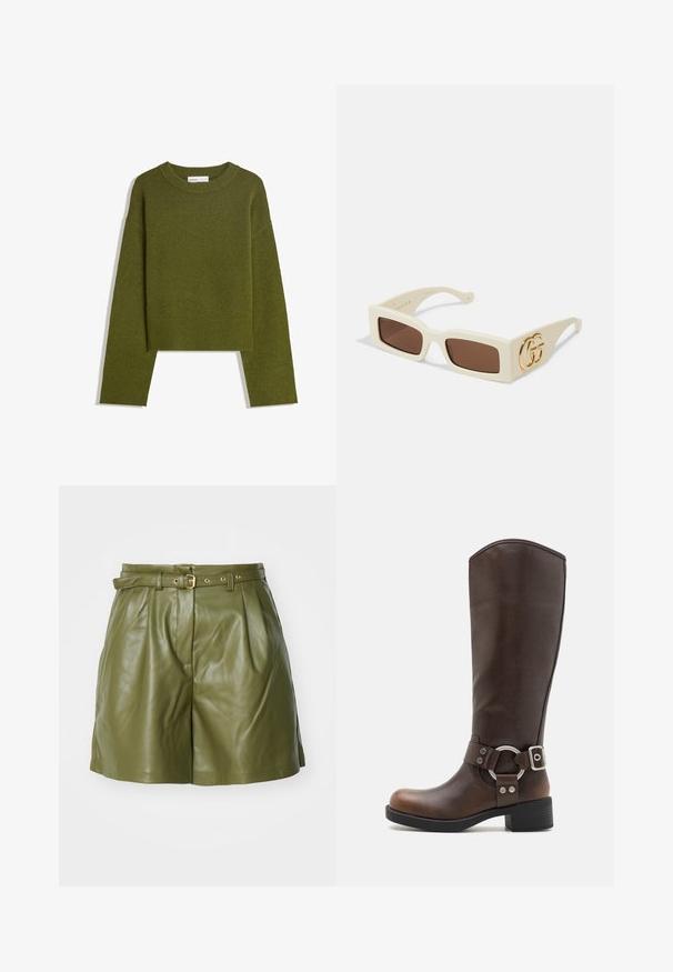 Olivově zelený pletený svetr s kulatým výstřihem, dlouhými rukávy a žebrovaným lemem. Má zkrácený střih a měkký, texturovaný povrch.; Zelené kožené šortky s páskem v pase, záhyby a matnou texturou. Obsahují zlatou sponu a boční kapsy pro větší detail.; Hnědé kožené vysoké boty do kolen s kovovým akcentem a přezkou. Mírně texturovaný svršek, zvýšený podpatek a kulatý design špičky.; Bílé obdélníkové sluneční brýle s hnědými čočkami. Mají výrazné zlaté logo GG na boku. Vyrobeny z pevnému plastového materiálu.