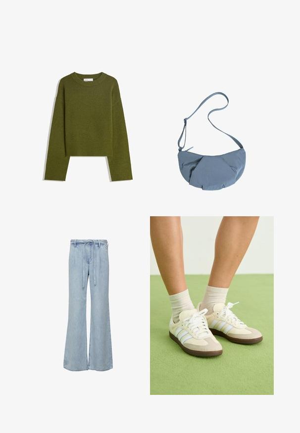 Olivgrüner Strickpullover mit Rundhalsausschnitt, langen Ärmeln und geripptem Saum. Verfügt über ein kurzes Design mit einer weichen, strukturierten Oberfläche.; Hellblaue weit geschnittene Jeans aus Denim. Mit einem Kordelzugbund und einer lockeren Passform, mit dezentem Verblassen und gestickten Details.; Samba-Sneaker mit einer Farbgebung in Creme und Beige, ausgestattet mit drei hellblauen Streifen, weißen Schnürsenkeln und braunen Gummisohlen.; Grau, runder Stoff-Crossbody-Beutel mit einem gerafften Vorderdesign und einem dünnen, verstellbaren Gurt. Reißverschluss oben.