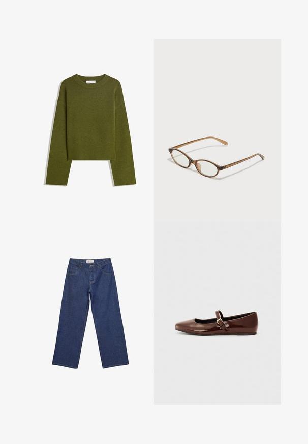Olivově zelený pletený svetr s kulatým výstřihem, dlouhými rukávy a žebrovaným lemem. Má zkrácený střih a měkký, texturovaný povrch.; Modré džíny z denimu se rovnými nohavicemi, předním knoflíkem a zipem, dvěma předními kapsami a poutky na pásek.; Hnědé lakované baletky s hranatou špičkou a páskem se zlato-barevným přezkou. Hladký povrch, nízký podpatek a minimalistický design.; Hnědé želvovinové brýle s oválnými skly, tenkými bočními nohami a průhlednými akcenty. Obsahují decentní logo na stranu. Elegantní, lehký design.; Černá kožená kabelka s pletenými rukojetmi, kapsou na zip a visícími třásněmi. Texturovaný povrch s kovovými hroty a kovovými akcenty.