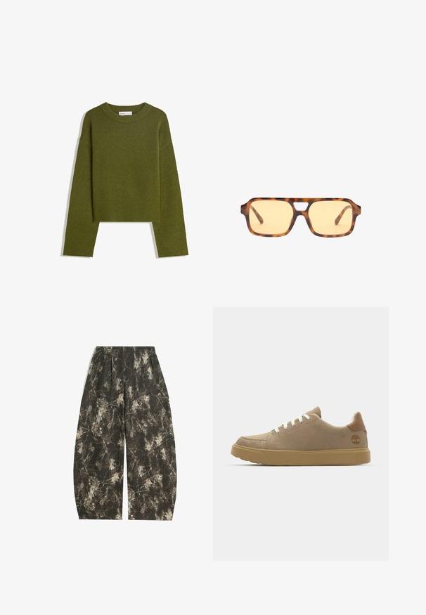 Olive green knitted sweater with a round neck, long sleeves, and ribbed hem. Features a cropped design with a soft, textured finish.; Loose-fitting pants in dark green fabric with a leaf pattern in beige and gray. Features an elastic waistband and wide legs.; Beige suede sneakers with white laces, a rubber tan sole, and a brown leather heel accent featuring a logo on the side.; Tortoiseshell sunglasses with yellow-tinted lenses, rectangular shape, and distinctive bridge cutout. Textured arms complete the design.; Black leather handbag with a curved shape, detachable strap, and gold hardware. The bag features a flap with a buckle detail.