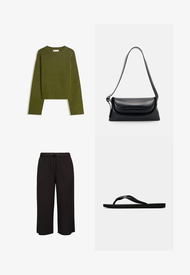 Olivgrüner Strickpullover mit Rundhalsausschnitt, langen Ärmeln und geripptem Saum. Verfügt über ein kurzes Design mit einer weichen, strukturierten Oberfläche.; Schwarze, weit geschnittene Hosen aus einem weichen, leichten Stoff. Sie verfügen über einen elastischen Bund mit Kordelzug und eine gerade, fließende Silhouette.; Schwarze Gummi-Flip-Flop-Sandale mit einem strukturierten Riemen und einfacher flacher Sohle, von der Seite auf einem schlichten hellen Hintergrund dargestellt.; Schwarze Lederhandtasche mit strukturiertem Design, glatter Textur und einem einzelnen Schulterriemen. Verfügt über ein dezentes, abgerundetes Klappendesign.