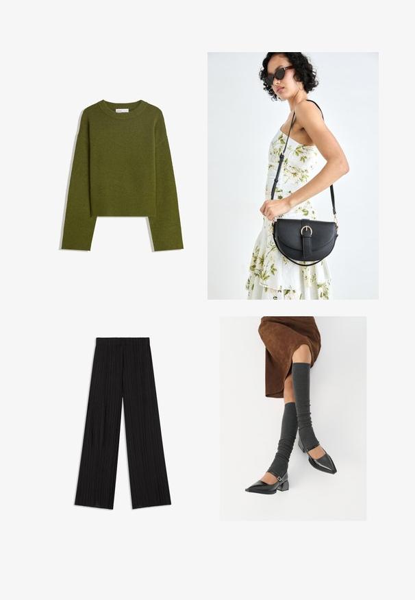 Olive green knitted sweater with a round neck, long sleeves, and ribbed hem. Features a cropped design with a soft, textured finish.; Black wide-leg trousers made from a pleated fabric, featuring an elastic waistband and a smooth, sleek texture.; Black patent leather pointed-toe shoes with a block heel and ankle strap, paired with gray ribbed leg warmers and a brown suede skirt.; Black leather handbag with a curved shape, detachable strap, and gold hardware. The bag features a flap with a buckle detail.
