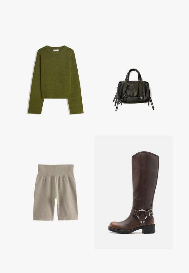 Olivenfarvet strikket sweater med rund hals, lange ærmer og ribbet kant. Har et cropped design med en blød, struktureret overflade.; Lys beige ribbede cykelshorts med høj talje og blød tekstur, der har en tætsiddende pasform og knælangt design.; Brune læderknæhøje støvler med en rund metalhardwaredetalje og spænde. Let struktureret overdel, stablet hæl og rund tå-design.; Sort læderhåndtaske med flettede håndtag, lynlåslomme og hængende frynser. Tekstureret overflade med metalnitter og hardware-accenter.