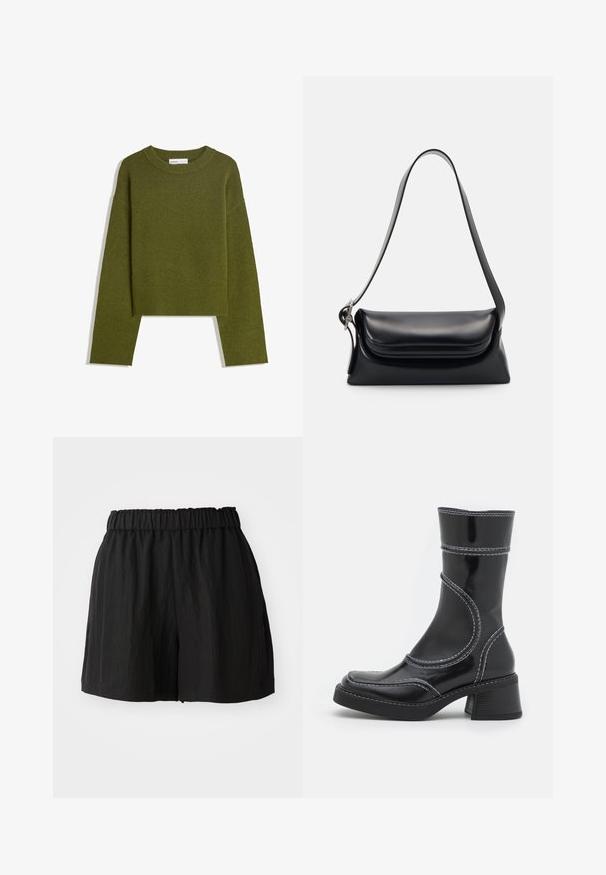 Olívazöld kötött pulóver kerek nyakkal, hosszú ujjakkal és bordázott aljjal. Rövidített fazonú, lágy, texturált felülettel rendelkezik.; Fekete rövidnadrág rugalmas derékkal, laza szabással, sima textúrával és térd hosszúságú kivágással. Nincs látható minta vagy fém alkatrész.; Fekete lakkbőr bokacsizma fehér varrással, kerek orral és blokk sarkal. Görbült formai vonalakkal és sima textúrával rendelkezik.; Fekete bőr kézitáska, amelynek struktúrált formája, sima textúrája és egyetlen vállpántja van. Finom, lekerekített fedél kialakítással rendelkezik.