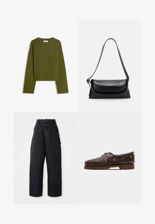 Maglione lavorato a maglia verde oliva con collo rotondo, maniche lunghe e orlo a coste. Presenta un design cropped con una finitura morbida e testurizzata.; Pantaloni cargo in denim nero a gamba larga con vita alta, due grandi tasche frontali e chiusura con bottone in vita. Texture liscia, design casual.; Scarpa da barca in pelle marrone con occhielli dorati, lacci tondi e una suola in gomma marrone texturizzata. Presenta dettagli cuciti e un logo in rilievo.; Borsa a tracolla nera in pelle con una forma strutturata, una texture liscia e una singola tracolla. Presenta un design a patta arrotondata e discreta.