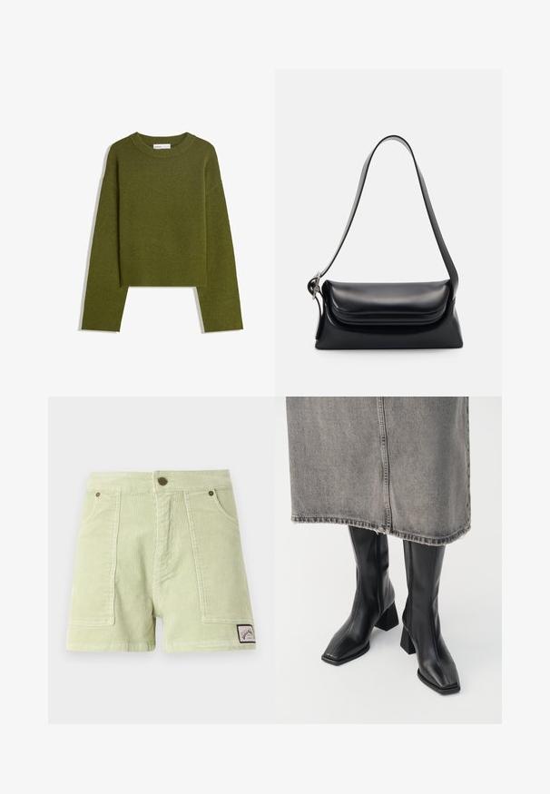Olívazöld kötött pulóver kerek nyakkal, hosszú ujjakkal és bordázott aljjal. Rövidített fazonú, lágy, texturált felülettel rendelkezik.; Világoszöld kordbársony rövidnadrág, bordázott textúrával, két elülső zsebbel, hátsó címkével és fém gombos részletekkel.; Fekete, térdig érő csizmák sima bőrből, négyzet alakú orral és tömbsarkúval. Szürke farmer szoknyával viselve, amelynek az alja meg van sodorva.; Fekete bőr kézitáska, amelynek struktúrált formája, sima textúrája és egyetlen vállpántja van. Finom, lekerekített fedél kialakítással rendelkezik.