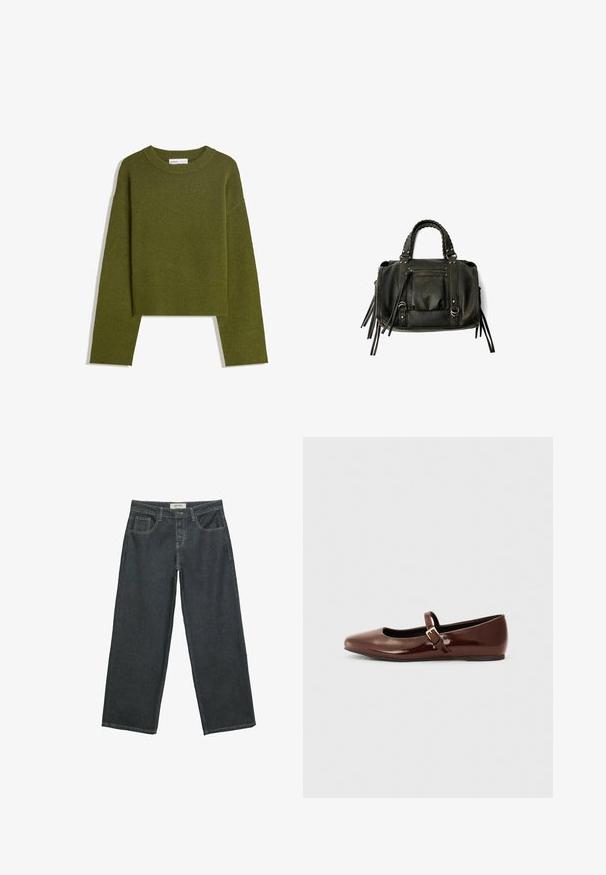 Oliwkowy dzianinowy sweter z okrągłym dekoltem, długimi rękawami i ribbowym wykończeniem. Charakteryzuje się skróconym fasonem i miękkim, teksturowanym wykończeniem.; Ciemnoszare dżinsy typu wide-leg z denimu, z wysokim stanem, pięcioma kieszeniami i widocznym szwem wzdłuż szwów.; Brązowe lakierowane baletki z kwadratowym noskiem i paskiem z małą złotą klamrą. Gładka tekstura, niski obcas i minimalistyczny design.; Czarna skórzana torebka z plecionymi uchwytami, kieszenią na zamek i zawieszkami. Teksturowana powierzchnia z metalowymi ćwiekami i akcentami ze stali.
