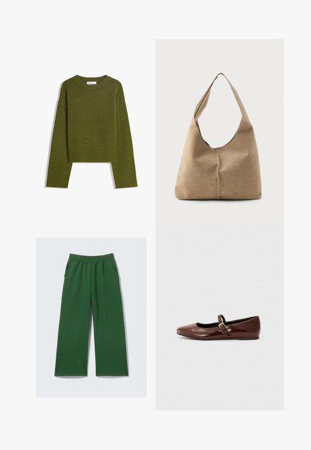 Olijfgroene gebreide trui met een ronde hals, lange mouwen en een geribde zoom. Beschikt over een cropped ontwerp met een zachte, gestructureerde afwerking.; Groene broek met wijde pijpen, gemaakt van zachte stof, voorzien van een elastische tailleband en zijzakken voor praktisch gebruik. Geen zichtbare patronen of hardware.; Bruine gepatineerde leren balletschoen met een vierkante neus en een bandje met een kleine gouden gesp. Gladde textuur, lage hak en minimalistisch ontwerp.; Hobo tas in zacht beige suede met een slungelige vorm, brede schouderband en een handgestikte naad langs de voorkant.