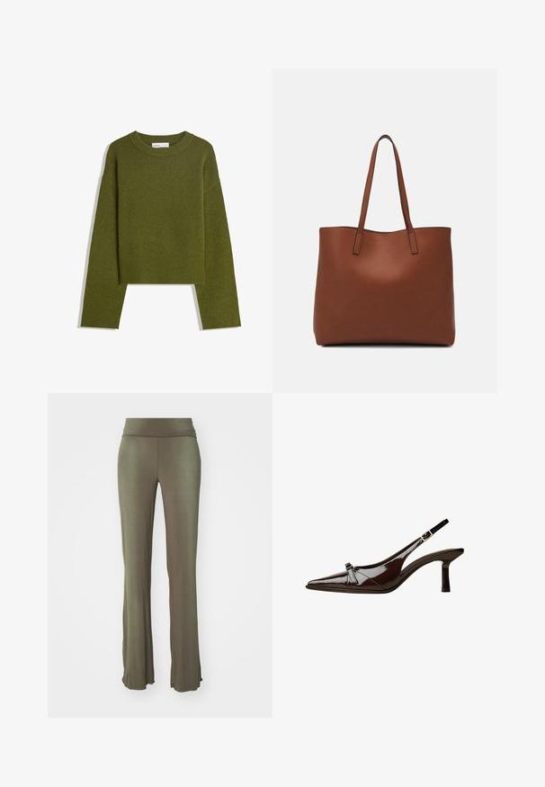 Olivno zelena pletena jopica s krojem na okroglo, dolgimi rokavi in ribanim robom. Ima skrajšan dizajn s mehkimi, teksturiranimi zaključki.; Olivno zelene hlače s flared krojem, izdelane iz mehkega, raztegljivega materiala. Imajo širok pas in gladko teksturo brez vidnih vzorcev ali dodatkov.; Rjave lakirane slingback čevlje z oglatim nosom, nizko peto in dekorativno pentljo na sprednji strani. Gladka, sijoča tekstura.; Rjava usnjena torba z gladko teksturo, odprto zasnovo zgoraj in dvema naramnima trakovoma. Opremljena je z minimalnim šivanjem in brez vidnih kovinskih delov.
