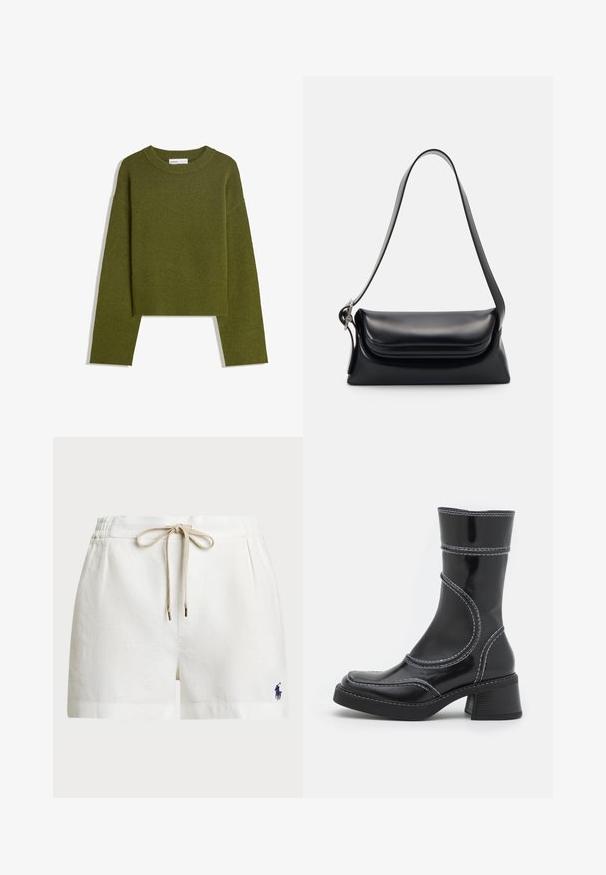 Olivgrön stickad tröja med rund hals, långa ärmar och ribbad nederkant. Har en kortad design med en mjuk, strukturerad yta.; Vita linneshorts med elastisk midja, beige dragsnör och liten marinblå logga på vänster sida. Har en avslappnad passform och sidofickor.; Svart lackläder ankelboot med vit sömnad, rund tå och blockklack. Har böjda designlinjer och en slät textur.; Svart läderhandväska med en strukturerad form, en slät yta och ett enda axelband. Har en subtil, rundad klaffdesign.