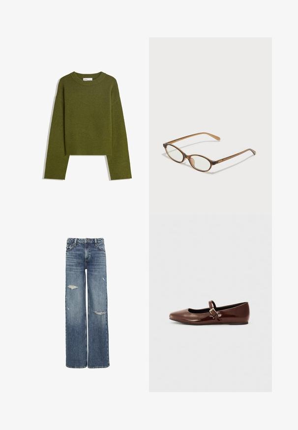 Olivově zelený pletený svetr s kulatým výstřihem, dlouhými rukávy a žebrovaným lemem. Má zkrácený střih a měkký, texturovaný povrch.; Džíny širokého střihu v středně modrém denimu, s distressed detaily a roztržením, klasickým pětikapsovým designem a pasem s poutky na pásek.; Hnědé lakované baletky s hranatou špičkou a páskem se zlato-barevným přezkou. Hladký povrch, nízký podpatek a minimalistický design.; Hnědé želvovinové brýle s oválnými skly, tenkými bočními nohami a průhlednými akcenty. Obsahují decentní logo na stranu. Elegantní, lehký design.; Černá kožená kabelka s pletenými rukojetmi, kapsou na zip a visícími třásněmi. Texturovaný povrch s kovovými hroty a kovovými akcenty.