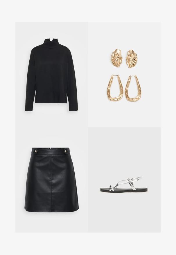 ONLY Tall ONLCOCO LIFE HIGH NECK - Striktrøje - black; Sort læderskirt med en tætsiddende pasform, to forlommer med guldfarvede detaljer og en lynlås lukning bagpå. Glat tekstur.; Sølvmetallic sandaler med et minimalistisk design, der har tynde stropper og en sort flad sål. Derudover er der korsstrop-accenter.; Guldtonede øreringe med teksturerede, bølgede former. Inkluderer skulpturelle clips og en åben ringdesign med en hamret finish.