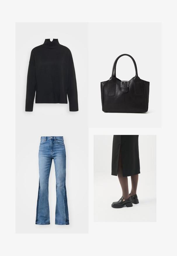 ONLY Tall ONLCOCO LIFE HIGH NECK - Trui - black; Gap Tall 70S - Flared Jeans - medium indigo; Zwarte leren schoenen met een ronde neus, dikke blokhak en elastische zijkanten, gecombineerd met donkere panty's en een zwarte rok met een split.; Zwarte leren tote bag met een gladde textuur, gestructureerde vorm, twee handvatten en een opvallend zilveren sluitingdetail aan de voorkant.