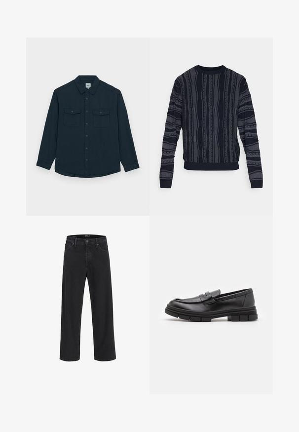 Redefined Rebel - Sweter; Redefined Rebel COOPER granatowy; Czarne dżinsy o prostych nogawkach z zapięciem na guziki i zamek błyskawiczny, szlufkami na pasek oraz przednimi i tylnymi kieszeniami.; Czarne skórzane mokasyny o gładkim wykończeniu, z paskiem na przodzie i masywną gumową podeszwą z rowkowaniem.