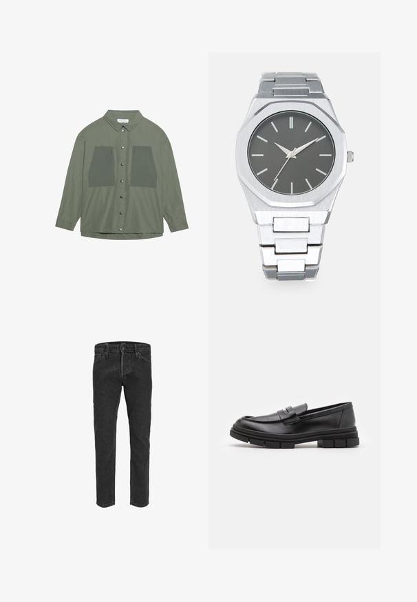 Redefined Rebel TETON REGULAR FIT - Strickpullover - black grey; Olivgrünes Hemd mit Knopfverschluss aus leichtem Stoff, ausgestattet mit zwei großen Brusttaschen und silbernen Druckknöpfen, langen Ärmeln und einem klassischen Kragen.; Schwarze Jeans aus Denim mit geradem Bein, fünf Taschen und Gürtelschlaufen, mit einer leicht verblassten Textur und Kontrastnähten.; Schwarze Lederloafer mit glatter Oberfläche, ausgestattet mit einem vorderen Riemendetail und einer klobigen Gummisohle mit gerippten Akzenten.; Silberne Analog-Uhr mit achteckigem Gehäuse, grauem Zifferblatt, silbernen Stundenmarkierungen und einem Armband aus Edelstahl. Minimalistisches Design mit glatter Textur.