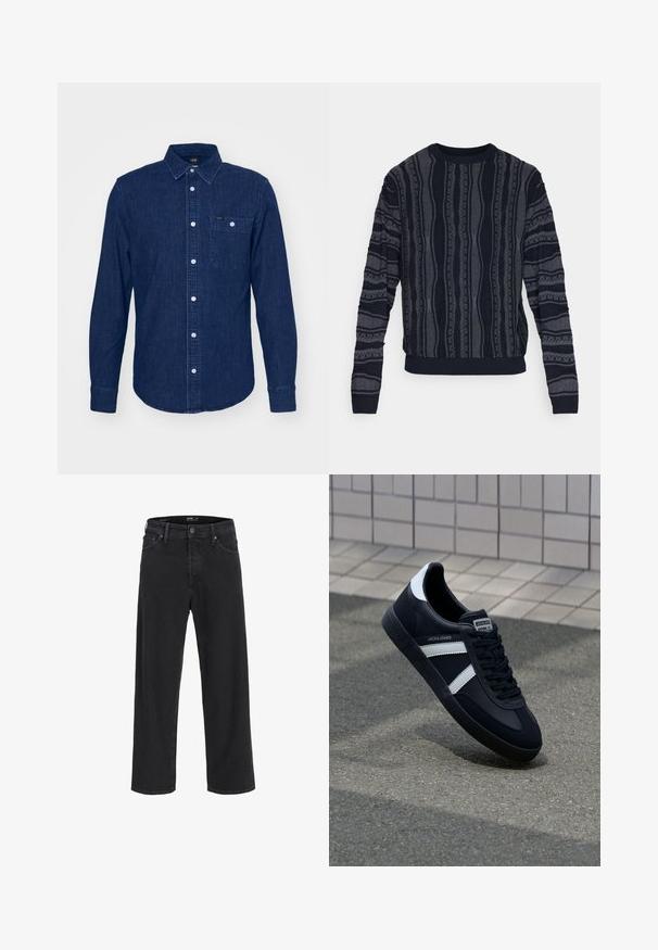 Redefined Rebel TETON REGULAR FIT - Trui - black grey; Lee LEESURE - Overhemd - maple wash; Zwarte recht gesneden denim jeans met knoop- en ritssluiting, riemlussen en voor- en achterzakken.; Zwarte leren sneaker met witte strepen, een gestructureerde rubberen zool en vetersluiting aan de voorkant. Voorzien van een merklabel op de tong.