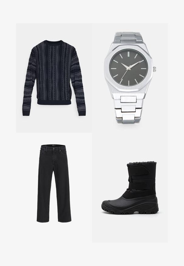 Redefined Rebel TETON REGULAR FIT - Strikkegenser - black grey; Svarte straight-leg denim jeans med knapp- og glidelåslukking, beltestropper og front- og baklommer.; Svart vinterstøvel laget av syntetisk materiale, med en teksturert gummisåle, borrelåsstropper og foret overdel for isolasjon.; Sølv analog klokke med oktagonal klokkesak, grå skive, sølvfargede timemarkører og lenkebånd i rustfritt stål. Minimalistisk design med glatt tekstur.