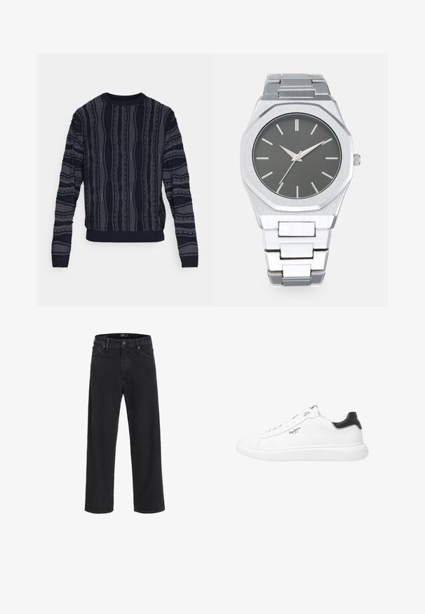 Redefined Rebel TETON REGULAR FIT - Neule - black grey; Mustat suorat farkut nappi- ja vetoketjukiinnityksellä, vyölenkeillä, sekä etu- ja takataskuilla.; Valkoiset matalat nahkasneakerit, joissa on sileä pinta, mustat kantat koristeluna, pyöreät nauhat ja huomaamaton sivustikkaus.; Harmaa kellotaulu, hopeinen analoginen kello, jossa on oktogonaalinen kuori, hopeaiset tuntimerkinnät ja ruostumatonta terästä valmistettu linkkiranneke. Minimalistinen muotoilu, jossa on sileä pinta.