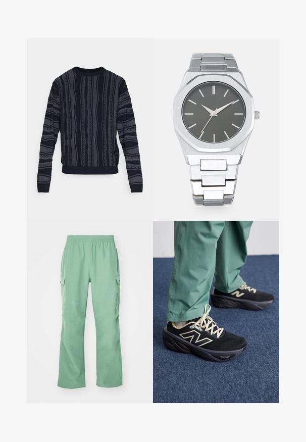 Redefined Rebel TETON REGULAR FIT - Strikkegenser - black grey; Lys grønne cargo bukser med elastisk talje, laget av et glatt stoff, med to sidelommer og rett benpassform.; Sorte treningssko med mesh-overdel, kremfargede detaljer og en tykk polstret såle. Kombinert med grønne, avsmalnende bukser.; Sølv analog klokke med oktagonal klokkesak, grå skive, sølvfargede timemarkører og lenkebånd i rustfritt stål. Minimalistisk design med glatt tekstur.