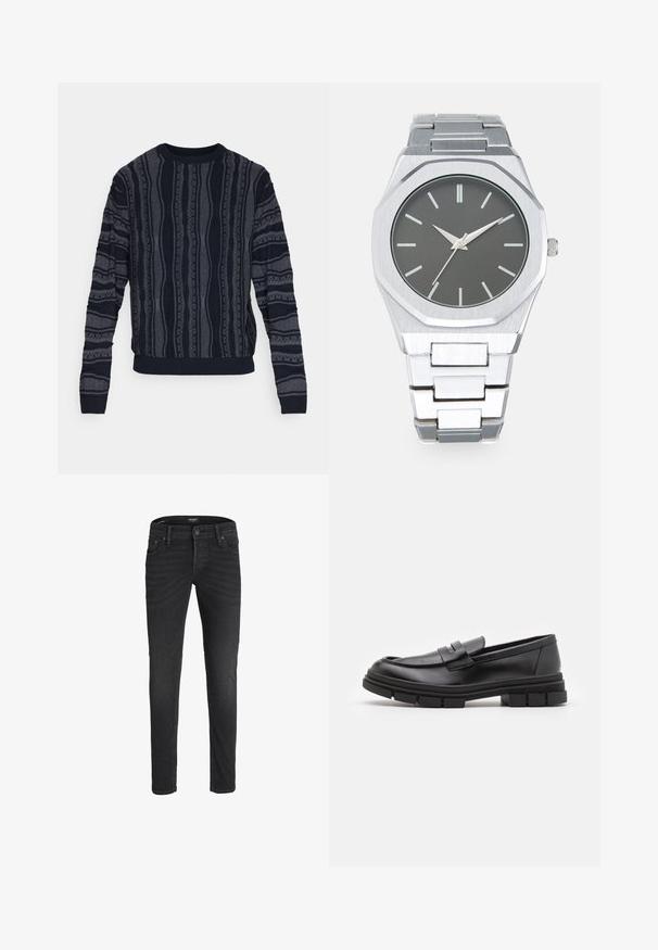 Redefined Rebel TETON REGULAR FIT - Πουλόβερ - black grey; Μαύρα τζιν παντελόνια με στενή γραμμή, διαθέτουν μέση με μεσαία ανύψωση, πέντε τσέπες και ήπια φθορά για υφή. Κλασικό κλείσιμο με κουμπί.; Μαύρο δερμάτινο loafers με λείο φινίρισμα, που διαθέτει λεπτομέρεια μπροστινής ταινίας και χοντρή ελαστική σόλα με γραμμωτές λεπτομέρειες.; Ασημένιο αναλογικό ρολόι με οκταγωνία θήκη, γκρι καντράν, ασημένιους δείκτες ώρας και βραχιόλι από ατσάλι σε links. Μινιμαλιστικός σχεδιασμός με ομαλή υφή.