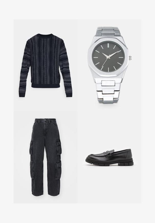 Redefined Rebel TETON REGULAR FIT - Jumper - black grey; GAP DOUBLE PANT - Relaxed fit jeans - washed black; Black leather loafers with a smooth finish, featuring a front strap detail and a chunky rubber sole with grooved accents.; Silver analog watch with an octagonal case, gray dial, silver hour markers, and a stainless steel link bracelet. Minimalist design with smooth texture.