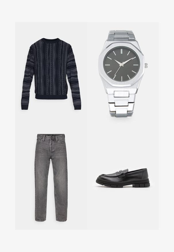 Redefined Rebel TETON REGULAR FIT - Svetrík - black grey; Šedé denimové nohavice s rovný strihom, piatimi vreckami a mierne opotrebovanou textúrou. Majú logo na páse a štandardné kovanie.; Čierne kožené poltopánky s hladkým povrchom, s predným remienkom a robustnou gumovou podrážkou s drážkovanými akcentmi.; Strieborné analógové hodinky s osemuholníkovým puzdrom, sivým ciferníkom, striebornými hodinovými indexmi a nerezovým oceľovým remienkom. Minimalistický dizajn s hladkou textúrou.