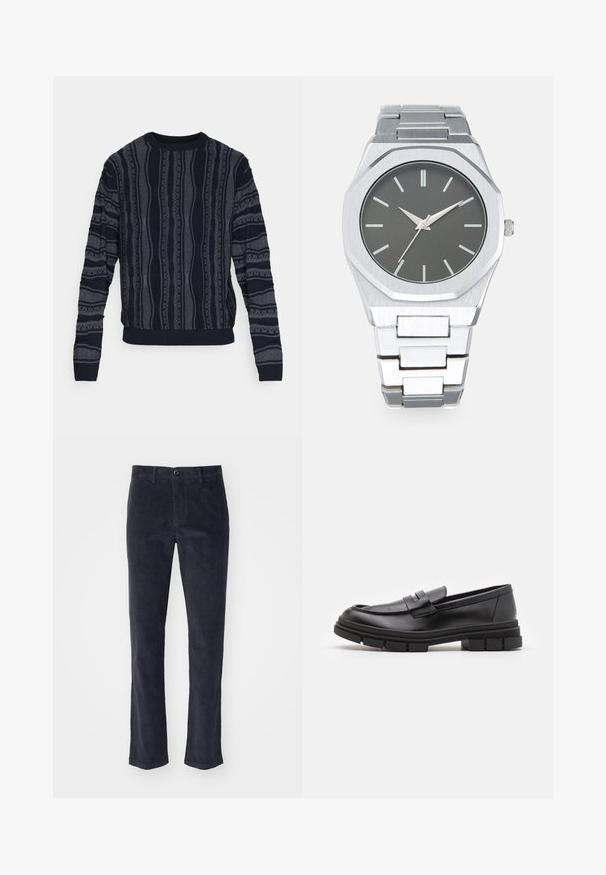 Redefined Rebel TETON REGULAR FIT - Džemperis - black grey; Tumši pelēki korduroja bikses ar taisnu kāju dizainu, ar priekšēju pogu aizdari un sānu kabatām. Mīksta tekstūra ar vertikālām rievām.; Melni ādas loafers ar gludu apdari, ar priekšējo siksniņu un masīvu gumijas zoli ar izgriezumiem.; Sudraba analogais pulkstenis ar astoņstūru korpusu, pelēku ciparnīcu, sudraba stundu atzīmēm un nerūsējošā tērauda saiti. Minimālisma dizains ar gludu tekstūru.