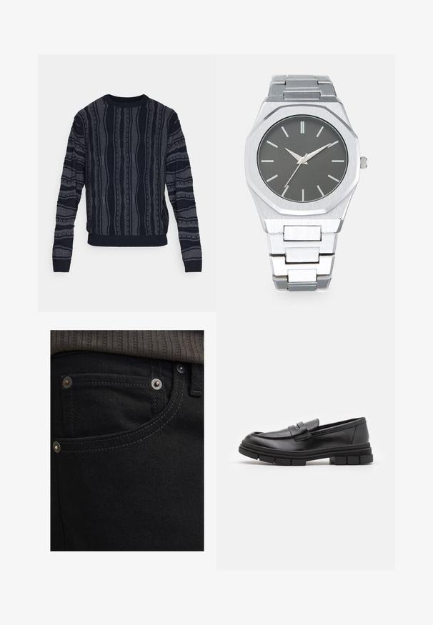 Redefined Rebel TETON REGULAR FIT - Jersey de punto - black grey; Jeans de mezclilla negra con un corte ajustado y una textura suave. Presentan herrajes plateados, remaches y costuras de contraste cerca de los bolsillos.; Mocasines de piel negra con un acabado suave, que presentan un detalle de correa en la parte delantera y una suela de goma gruesa con acentos acanalados.; Reloj analógico plateado con caja octagonal, esfera gris, marcadores de hora plateados y pulsera de eslabones de acero inoxidable. Diseño minimalista con textura suave.