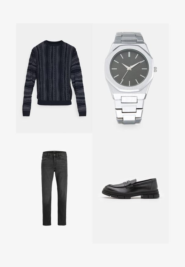 Redefined Rebel TETON REGULAR FIT - Jumper - black grey; Black denim jeans with a straight fit, five-pocket design, and zip fly. Features subtle fading and contrast stitching.; Black leather loafers with a smooth finish, featuring a front strap detail and a chunky rubber sole with grooved accents.; Silver analog watch with an octagonal case, gray dial, silver hour markers, and a stainless steel link bracelet. Minimalist design with smooth texture.